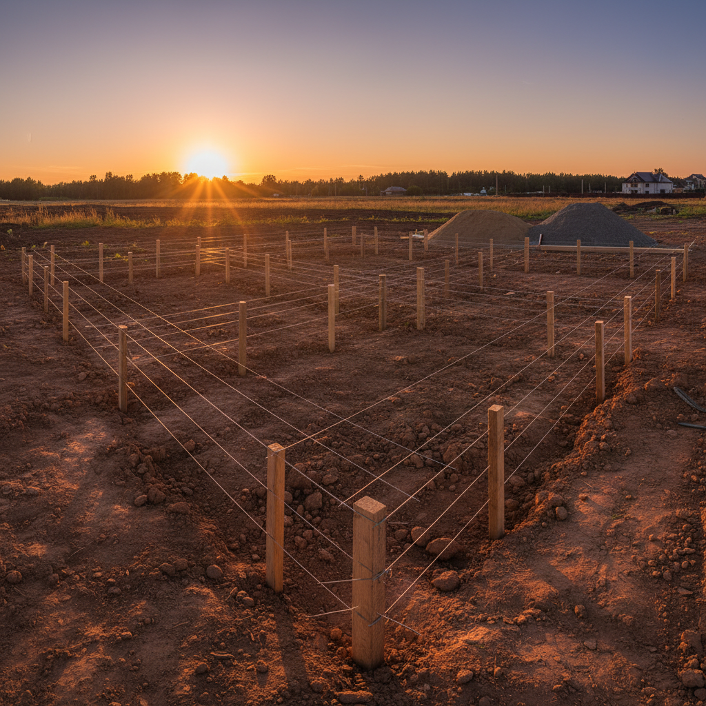 Szeroki kadr przedstawiający działkę budowlaną, na której świeżo wbite paliki i rozciągnięte między nimi sznurki (ławy drutowe) precyzyjnie wyznaczają zarys fundamentów przyszłego domu. Słońce jest nisko na horyzoncie, rzucając długie cienie.