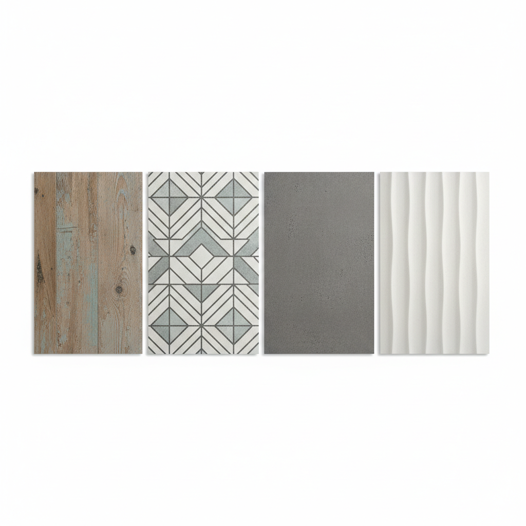 Artystyczne ujęcie z góry, pokazujące płasko leżące obok siebie próbki różnych płytek ceramicznych. Widoczne są różnorodne tekstury: jedna imituje drewno, druga ma wzór geometryczny, trzecia jest matowa i przypomina beton, a czwarta ma subtelny, falowany relief. Paleta kolorów jest spójna i nowoczesna.