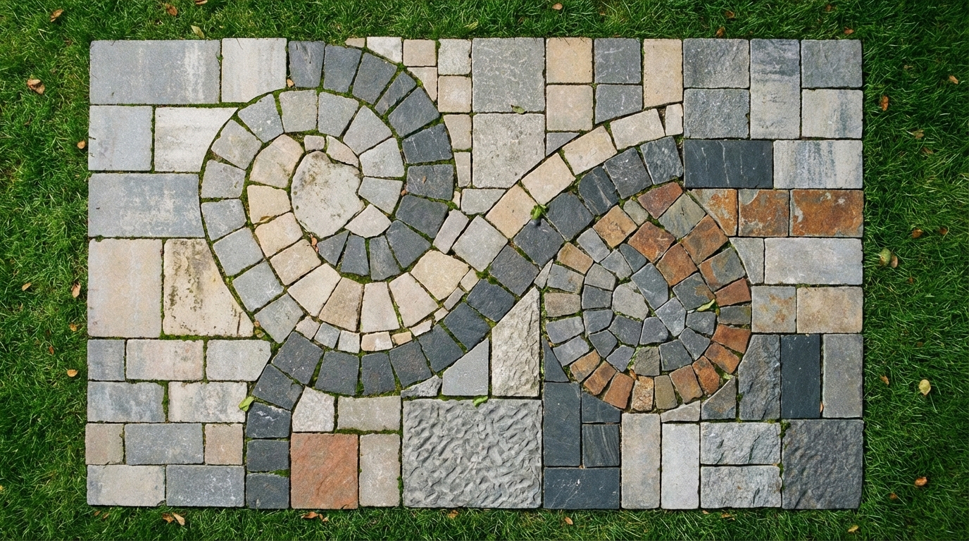 Artystyczne ujęcie z góry na próbki różnych rodzajów kostki brukowej ułożone obok siebie na trawie. Widoczne są różne kolory (odcienie szarości, beżu, antracytu) i faktury (gładkie, postarzane). Kompozycja jest estetyczna i inspirująca.