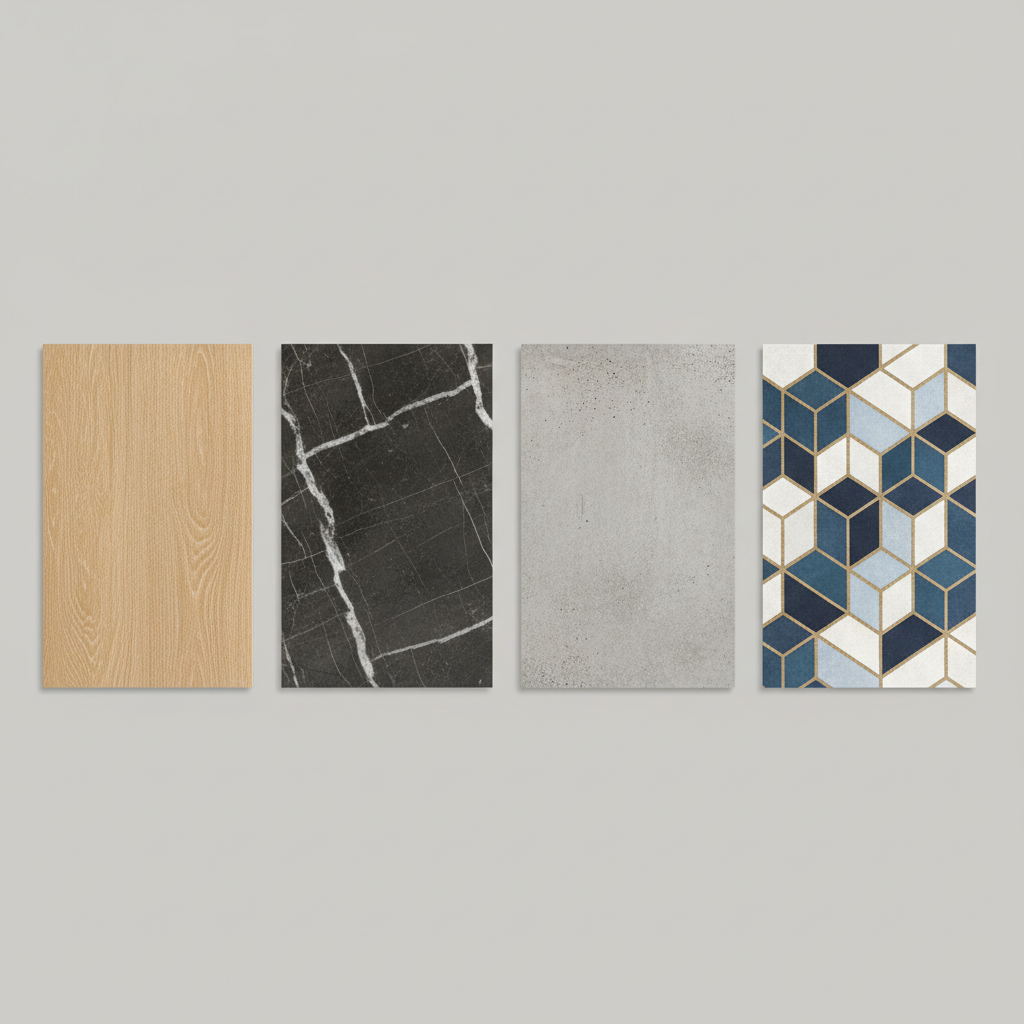 Stylowe ujęcie z góry pokazujące kilka próbek paneli LVT ułożonych obok siebie na neutralnym tle. Każda próbka ma inny wzór: jedna imituje jasne drewno, druga ciemny marmur, trzecia surowy beton, a czwarta wzór geometryczny. Kompozycja podkreśla różnorodność i wysoką jakość nadruku oraz faktury materiału.