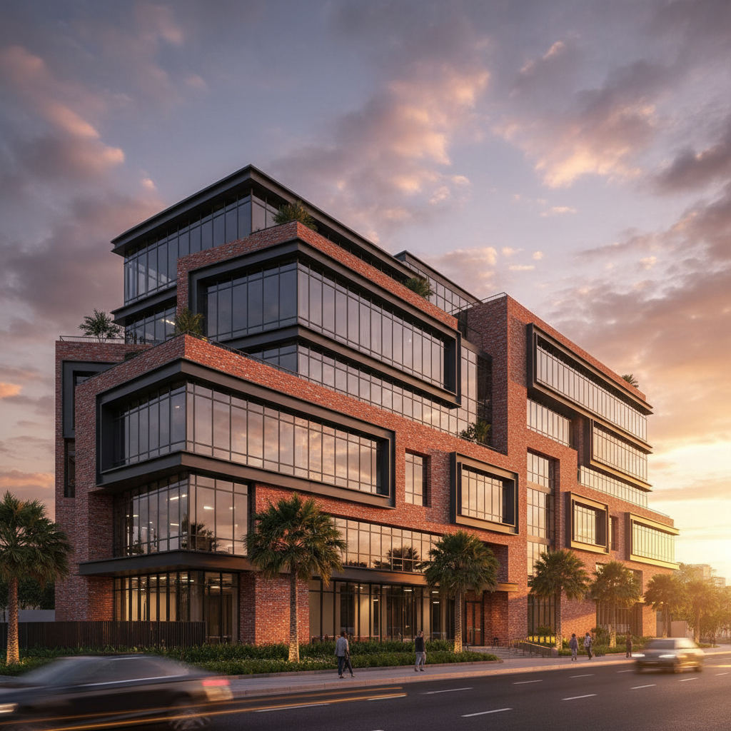 Dynamiczne, szerokokątne ujęcie fasady biurowca X2 Boutique Office o zachodzie słońca. Ciepłe światło podkreśla teksturę czerwonej cegły i metalowych ram okiennych, a w szklanych powierzchniach odbija się niebo. Styl fotorealistyczny, architektoniczny.