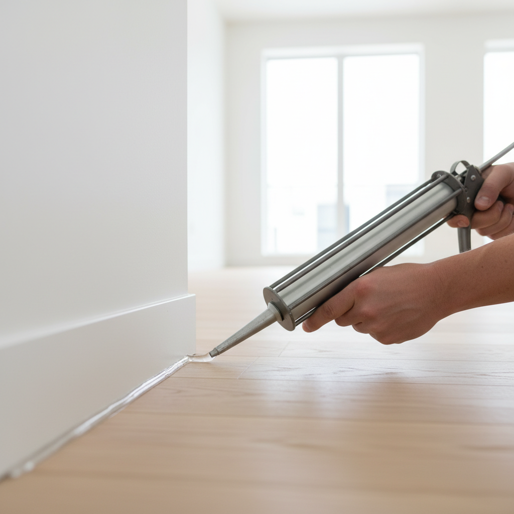 Zbliżenie na dłonie profesjonalisty, który precyzyjnie nakłada bezbarwny uszczelniacz z pistoletu wzdłuż styku białej ściany z jasną, drewnianą podłogą. Wnętrze jest nowoczesne, jasne i czyste. Ostrość zdjęcia skupiona jest na idealnie gładkiej linii spoiny, co podkreśla jakość i estetykę produktu.