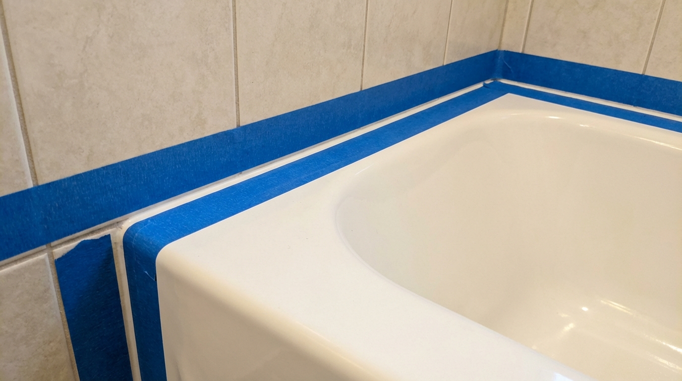 Zbliżenie na narożnik ściany i wanny, gdzie starannie przyklejono dwie równoległe linie niebieskiej taśmy malarskiej, przygotowując idealnie prostą szczelinę do aplikacji silikonu.