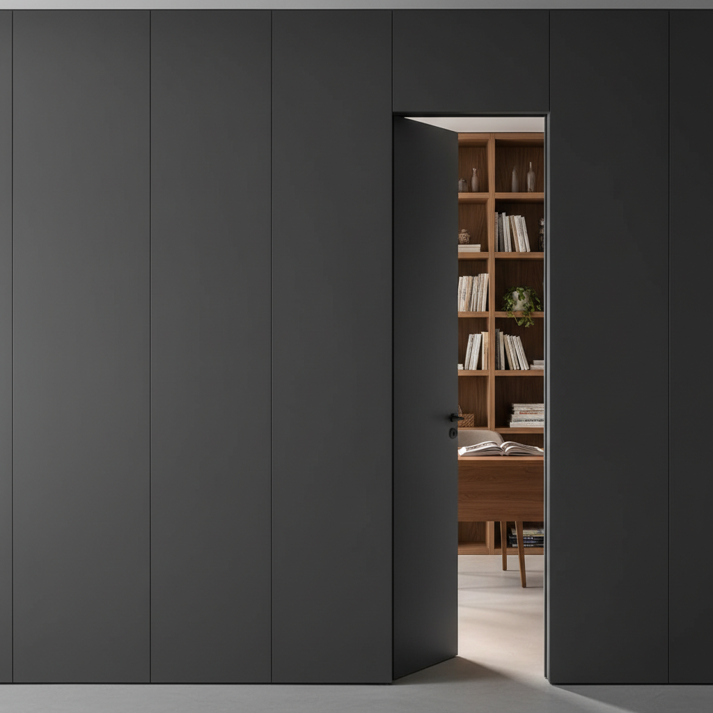 Zdjęcie przedstawiające długą, minimalistyczną ścianę wykonaną z matowego, grafitowego, lakierowanego MDF. Jedne z drzwi są lekko uchylone, ukazując fragment przytulnego domowego gabinetu z drewnianym biurkiem i regałem na książki. Światło z gabinetu subtelnie pada na korytarz, podkreślając gładką fakturę zabudowy i jej idealne spasowanie. Kompozycja jest czysta, geometryczna i bardzo nowoczesna.