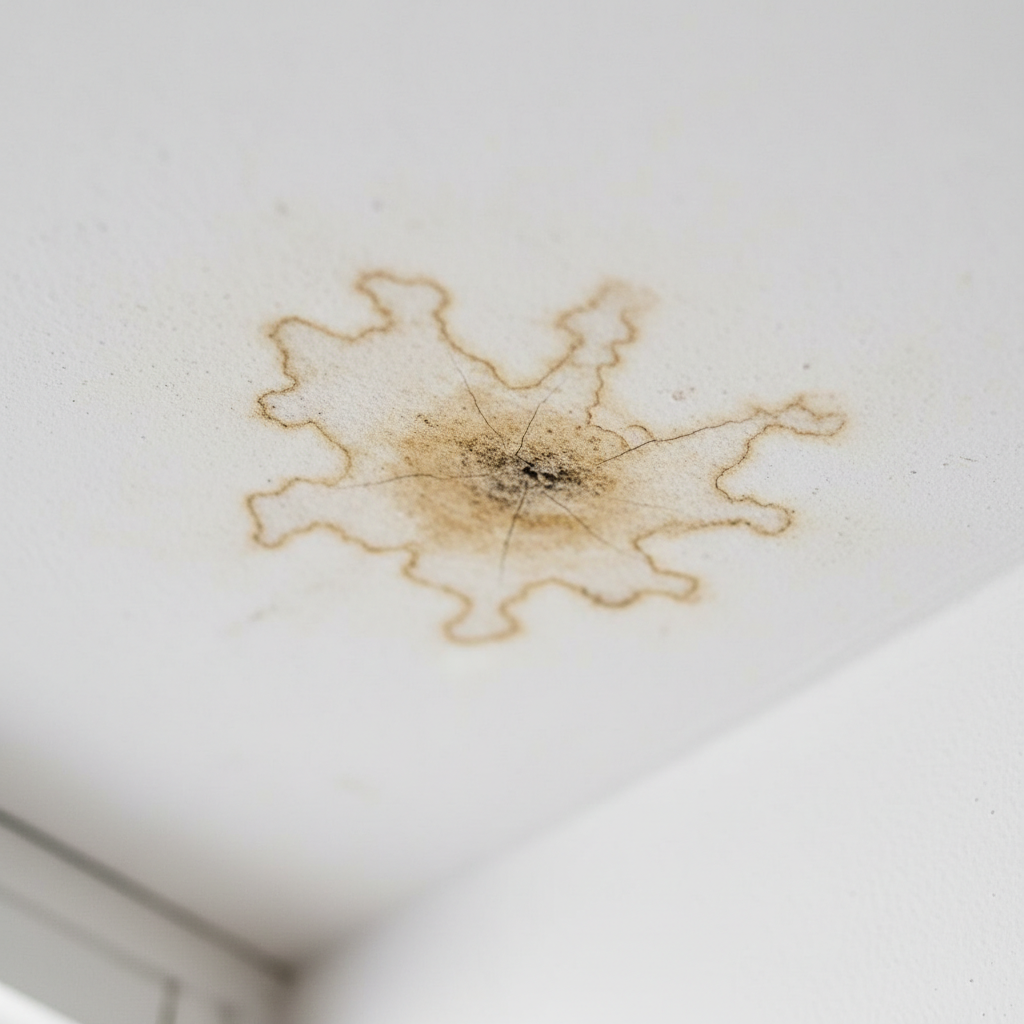 Realistyczny, szczegółowy widok fragmentu białego sufitu z wyraźnym, nieestetycznym, żółto-brązowym zaciekiem wodnym. Plama ma nieregularny kształt z ciemniejszymi krawędziami, co podkreśla problem, z którym borykają się właściciele mieszkań.
