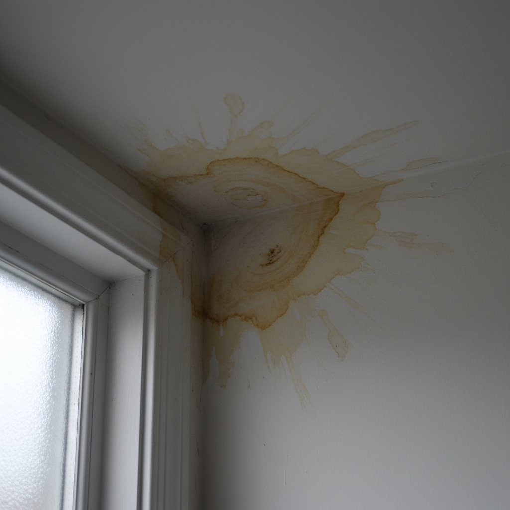 Zbliżenie na plamę wodną w rogu białego sufitu, w pobliżu okna. Plama ma żółto-brązowy kolor i wyraźnie wskazuje na przeciek, tworząc wrażenie niepokoju i konieczności naprawy. Oświetlenie jest lekko przyciemnione, aby wzmocnić ponury nastrój.