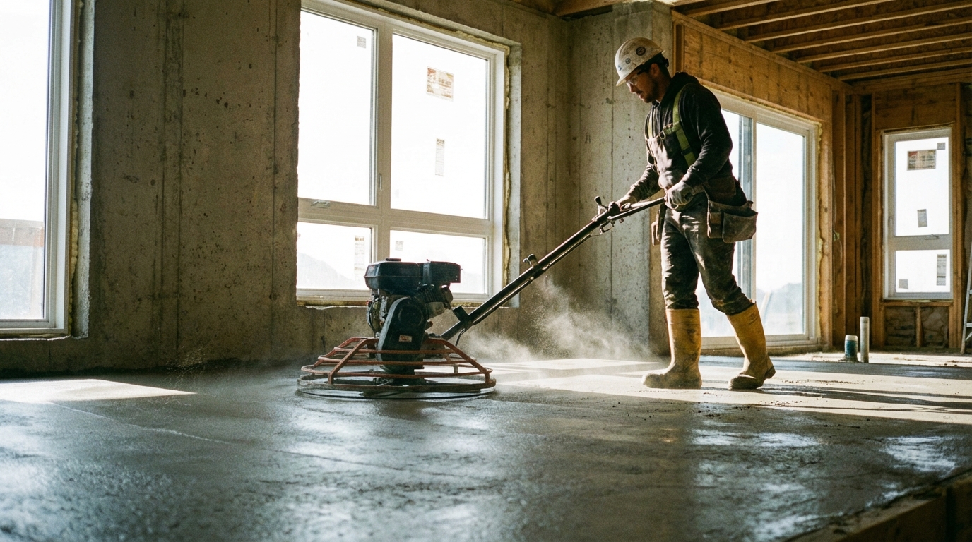 Profesjonalista w kasku i butach ochronnych zacierający dużą, świeżo wylaną posadzkę betonową w nowo budowanym domu za pomocą zacieraczki mechanicznej. Światło wpadające przez okna podkreśla gładką, ale jeszcze wilgotną powierzchnię betonu.