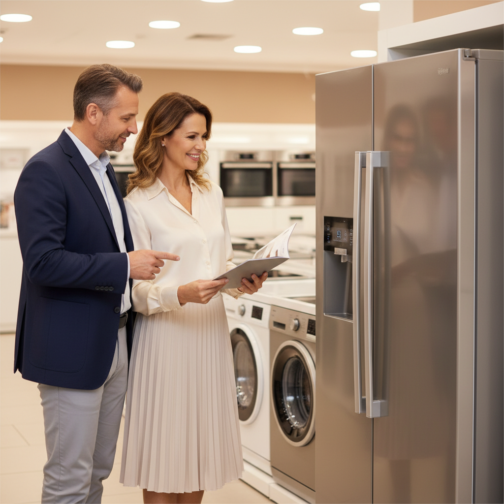 Elegancka para w średnim wieku stoi w nowoczesnym sklepie z AGD, z zadowoleniem oglądając nową, lśniącą lodówkę side-by-side. Mężczyzna wskazuje na jedną z funkcji, a kobieta uśmiecha się, trzymając w ręku broszurę. Tło jest lekko rozmyte, ukazując inne urządzenia. Oświetlenie jest jasne i ciepłe.