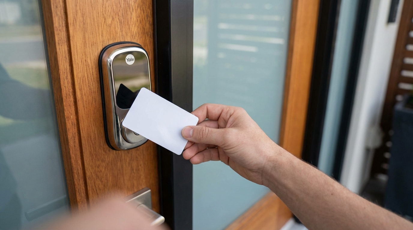 Ujęcie z perspektywy osoby stojącej przed drzwiami. Dłoń trzymająca elegancką, białą kartę zbliżeniową zbliża ją do czytnika zamka Yale. W tle widać fragment nowoczesnych, stylowych drzwi wejściowych.