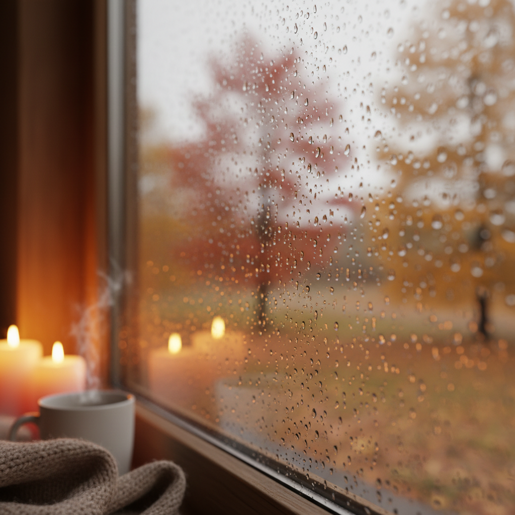Zbliżenie na róg okna z kroplami skondensowanej pary wodnej na wewnętrznej szybie. Przez czystą część szyby widać rozmyty, jesienny krajobraz z kolorowymi liśćmi. Wnętrze jest ciepłe i przytulne, co tworzy kontrast z chłodem na zewnątrz. Zdjęcie w wysokiej rozdzielczości, z pięknym efektem bokeh.