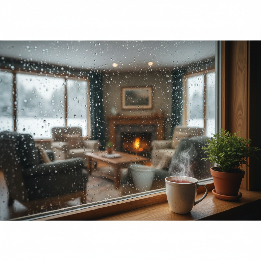 Widok z wnętrza przytulnego, ciepłego salonu na duże okno. Na szybie widać skroploną parę wodną, a za oknem rozmyty, zimowy krajobraz z padającym śniegiem. Na parapecie stoi kubek z gorącą herbatą i mała roślina doniczkowa.