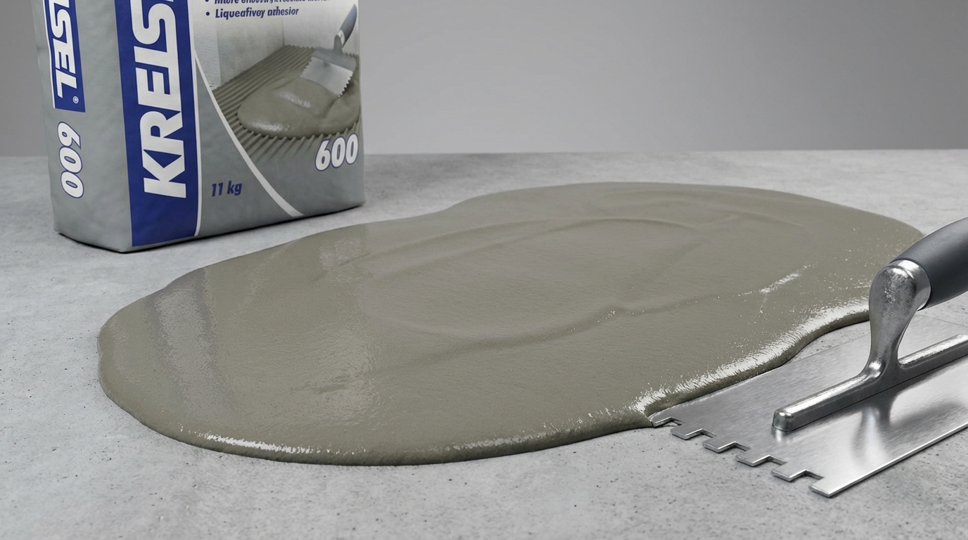 Zbliżenie na świeżo wylaną na podłoże upłynnioną zaprawę klejową KREISEL. Widać jej gładką, lekko rozpływającą się konsystencję. Obok leży paca zębata. Kadr jest czysty, estetyczny i skupia się na produkcie, podkreślając jego właściwości. Oświetlenie studyjne, neutralne tło.