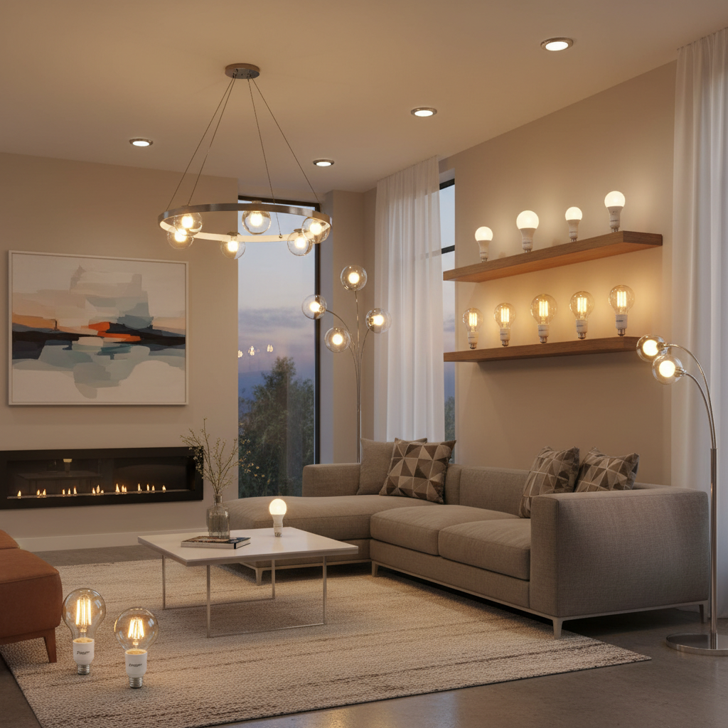 Stylowe, nowoczesne wnętrze salonu z widocznymi różnymi typami żarówek LED Energizer w eleganckich oprawach oświetleniowych, podkreślające ich wszechstronność i design. Ciepłe, przyjemne światło wypełnia pomieszczenie.
