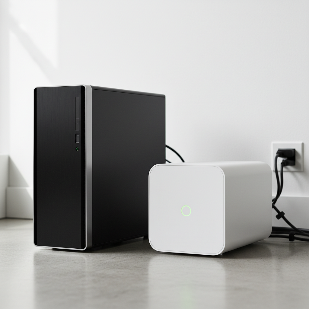 Czyste, minimalistyczne ujęcie przedstawiające nowoczesny zasilacz UPS stojący na podłodze obok komputera stacjonarnego typu tower. Kable są schludnie ułożone. Światło diody na zasilaczu UPS delikatnie świeci na zielono, symbolizując gotowość i ochronę.