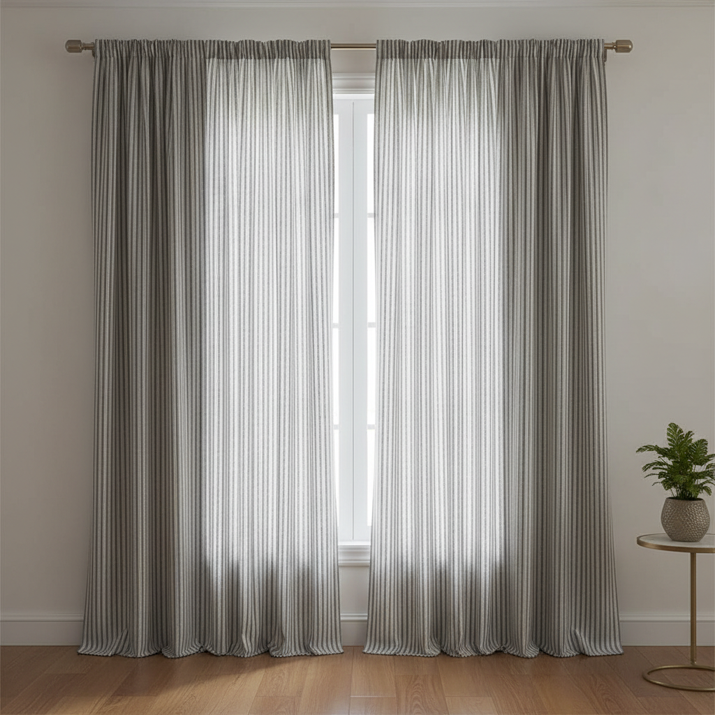 Eleganckie, długie zasłony w subtelne, pionowe pasy w odcieniach szarości i bieli, zawieszone na karniszu tuż pod sufitem, co optycznie podwyższa pomieszczenie. Zasłony sięgają samej podłogi.