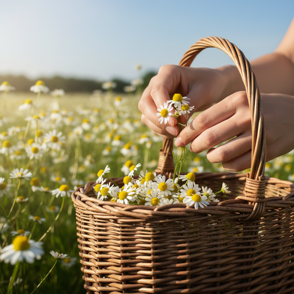 Zbliżenie na dłonie kobiety delikatnie zrywającej biało-żółte koszyczki kwiatowe rumianku do wiklinowego koszyka. W tle widać więcej kwitnących roślin w słoneczny, letni dzień. Ujęcie jest ciepłe i naturalne, podkreśla związek z naturą.