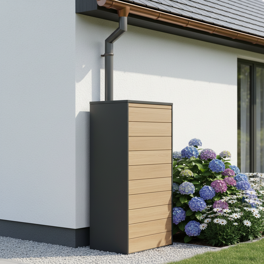 Estetyczny, nowoczesny zbiornik na wodę deszczową umieszczony przy ścianie domu, obok kwitnących roślin. Widać rurę spustową z rynny podłączoną do zbiornika. Scena jest czysta, schludna i pokazuje harmonijne połączenie technologii z naturą.