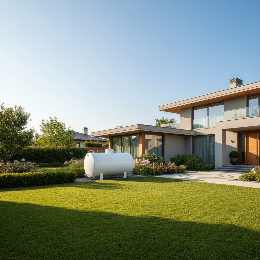 Nowoczesny, biały zbiornik na gaz płynny LPG ustawiony w zadbanym ogrodzie obok eleganckiego domu jednorodzinnego. Słoneczny dzień, zielona trawa, czyste niebo. Kompozycja podkreśla bezpieczeństwo, czystość i nowoczesność tego rozwiązania grzewczego.
