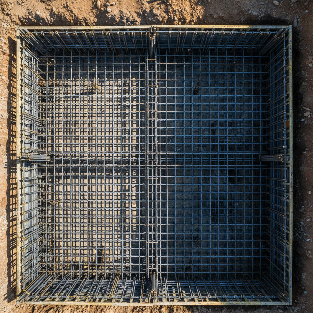 Szeroki kadr z góry ukazujący dno wykopu, w którym starannie ułożono stalowe pręty zbrojeniowe, tworzące gęstą, geometryczną siatkę. Słońce rzuca długie cienie, podkreślając trójwymiarowość konstrukcji. Zdjęcie symbolizuje solidność, precyzję i fundamenty trwałej budowli.
