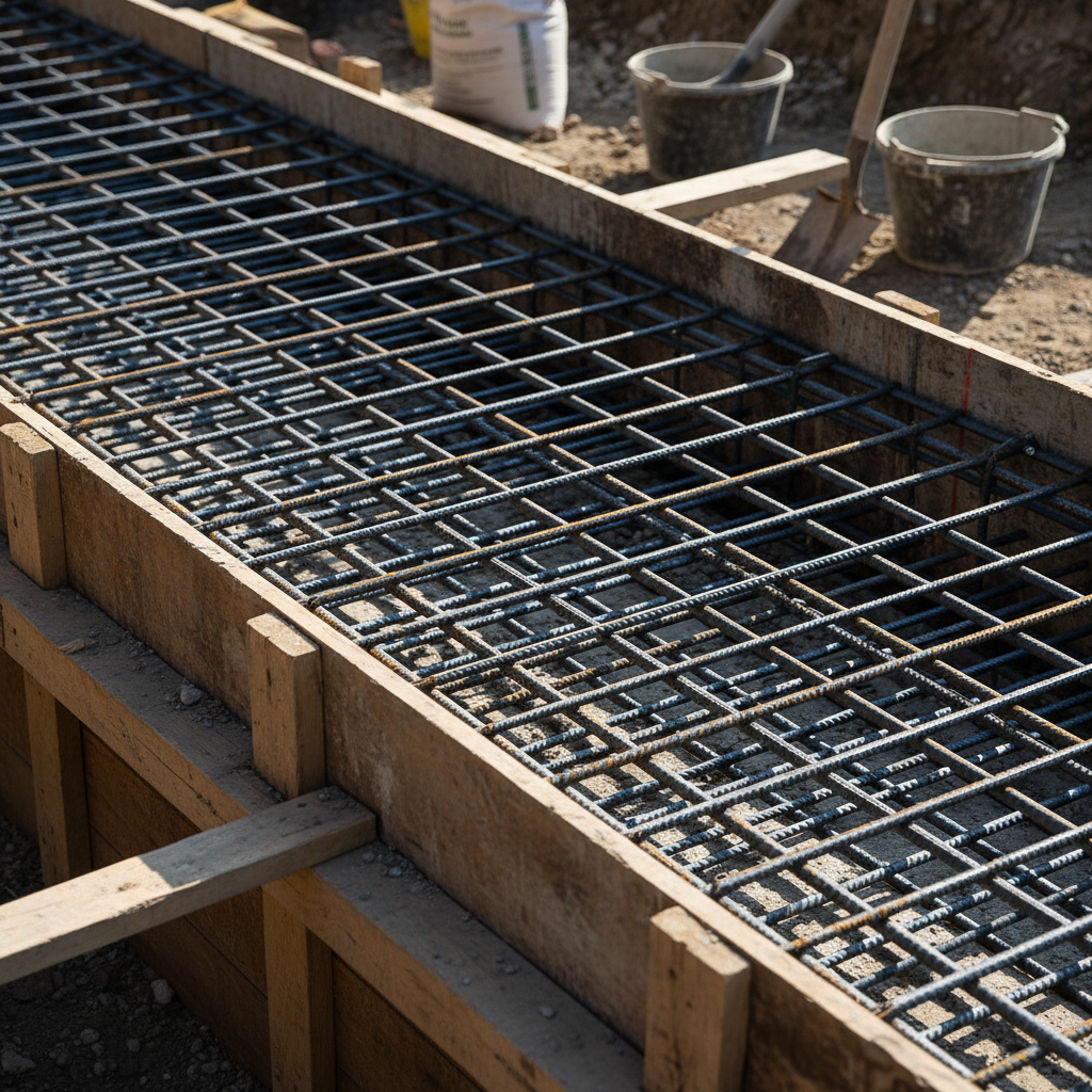 Zbliżenie na starannie ułożone pręty zbrojeniowe w szalunku fundamentowym przed wylaniem betonu. Stalowe pręty tworzą gęstą, regularną siatkę, symbolizującą solidność i trwałość konstrukcji. Kadr jest dynamiczny, z perspektywą, co nadaje zdjęciu profesjonalny charakter.