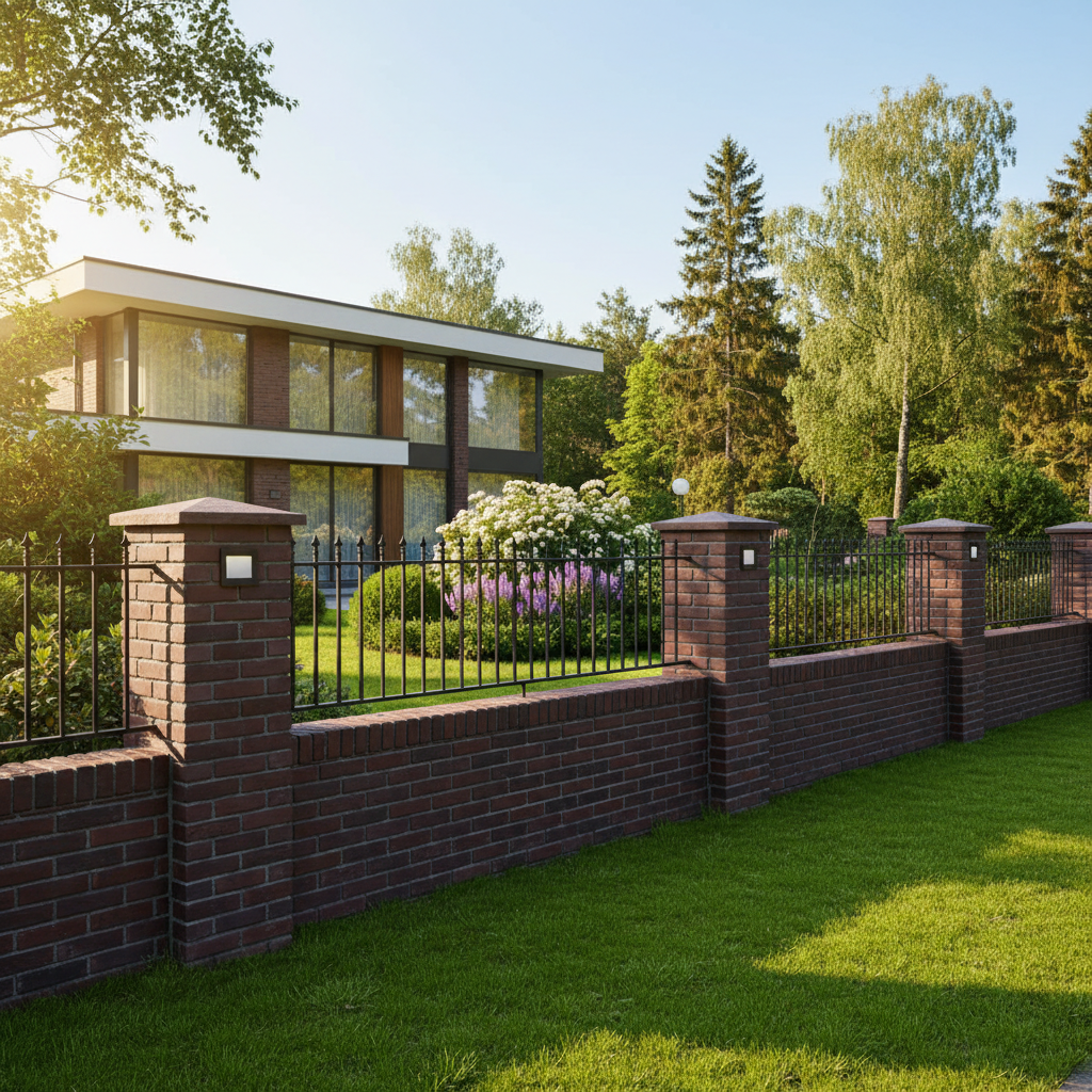 Wizualizacja nowoczesnego domu z pięknym, ciemnoczerwonym ogrodzeniem klinkierowym z czarnymi, metalowymi przęsłami. Słoneczny dzień, zadbany ogród w tle. Kadr podkreśla elegancję i solidność ogrodzenia.