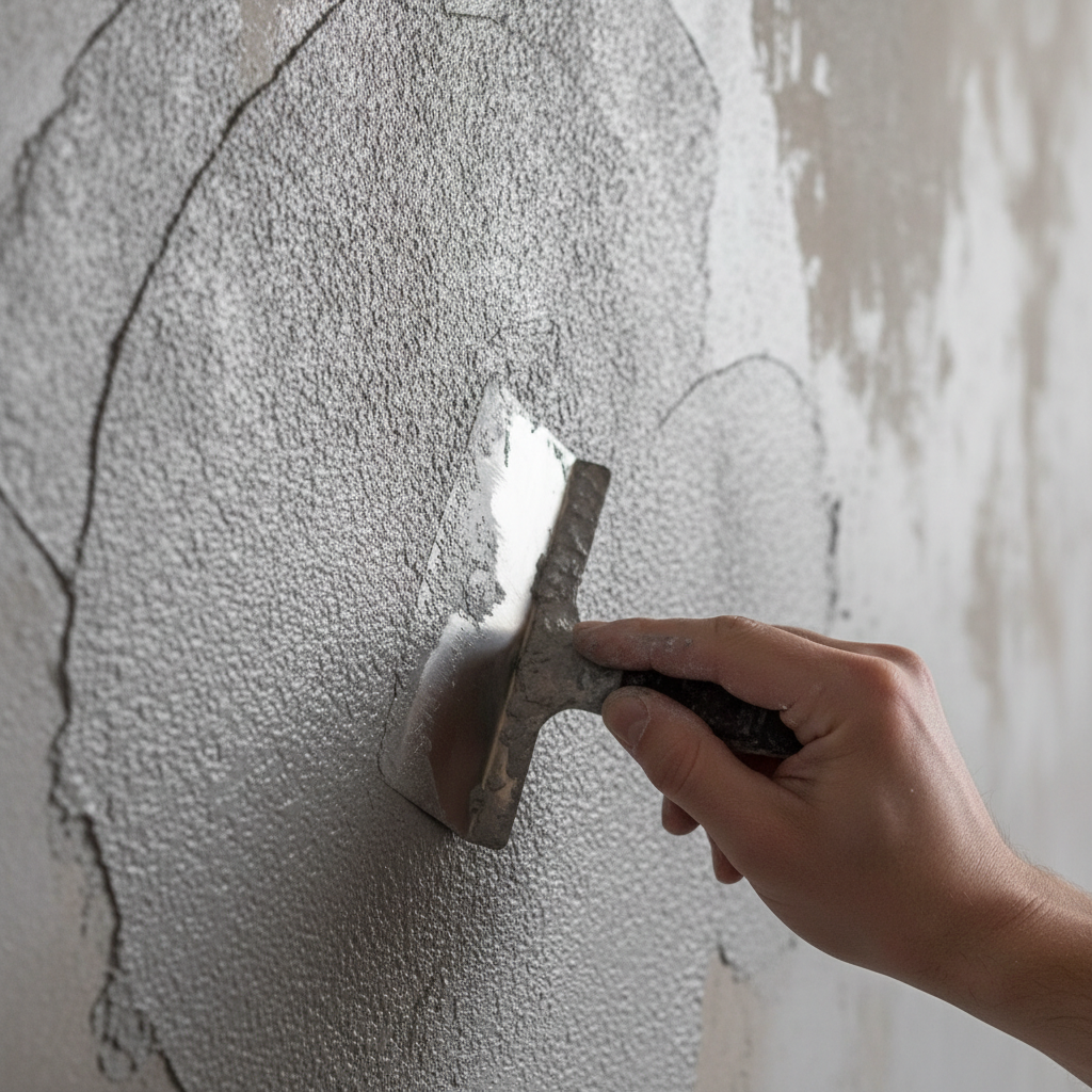 zbliżenie dłoni z pędzlem lub szpachelką, która artystycznie nakłada na ścianę szarą farbę strukturalną o wyraźnej, ale drobnej fakturze. W tle widać fragment gotowej, wyschniętej ściany z efektem betonu, oświetlonej bocznym światłem, które podkreśla jej teksturę. Kadr powinien być dynamiczny, skupiony na akcie tworzenia.