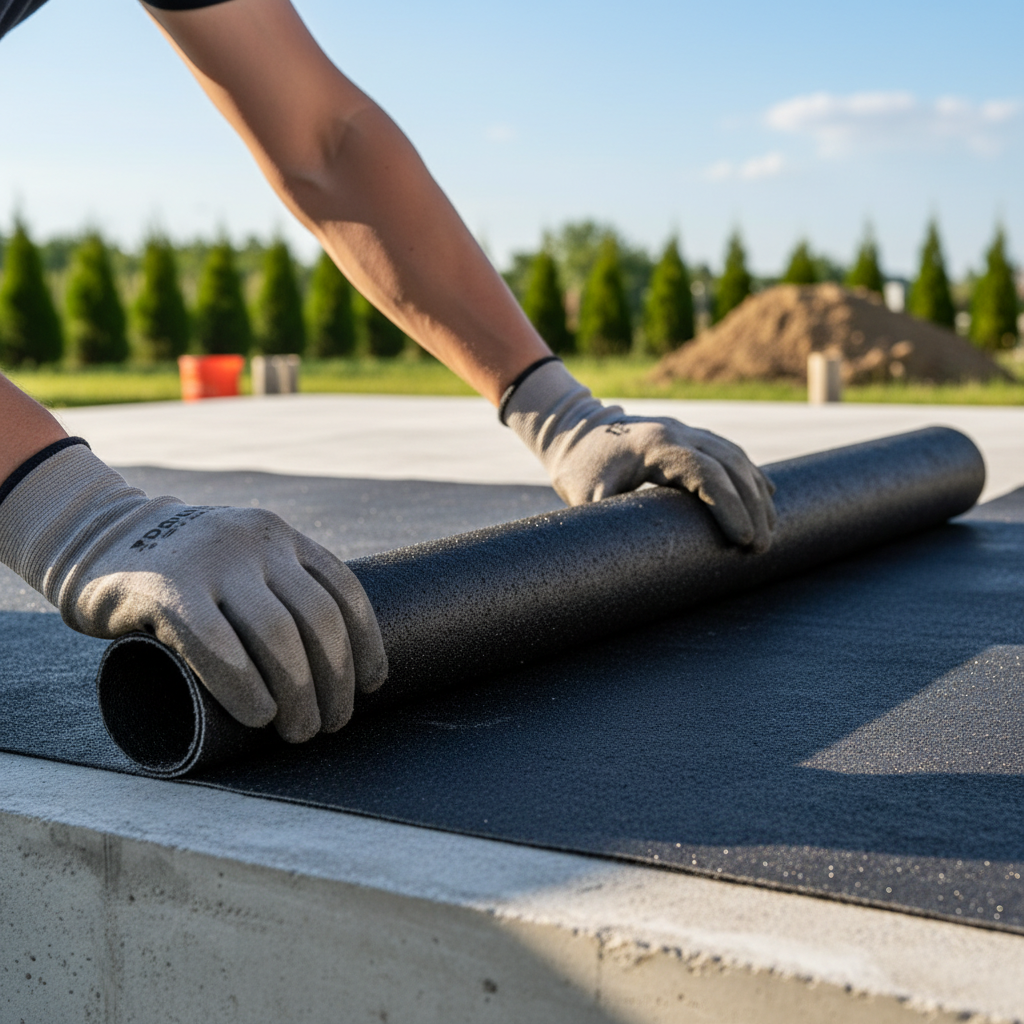 Zbliżenie na dłonie pracownika budowlanego w rękawicach, który układa warstwę papy izolacyjnej na świeżo wylanym, szarym fundamencie. W tle widać zarys ogrodu i niebieskie niebo.