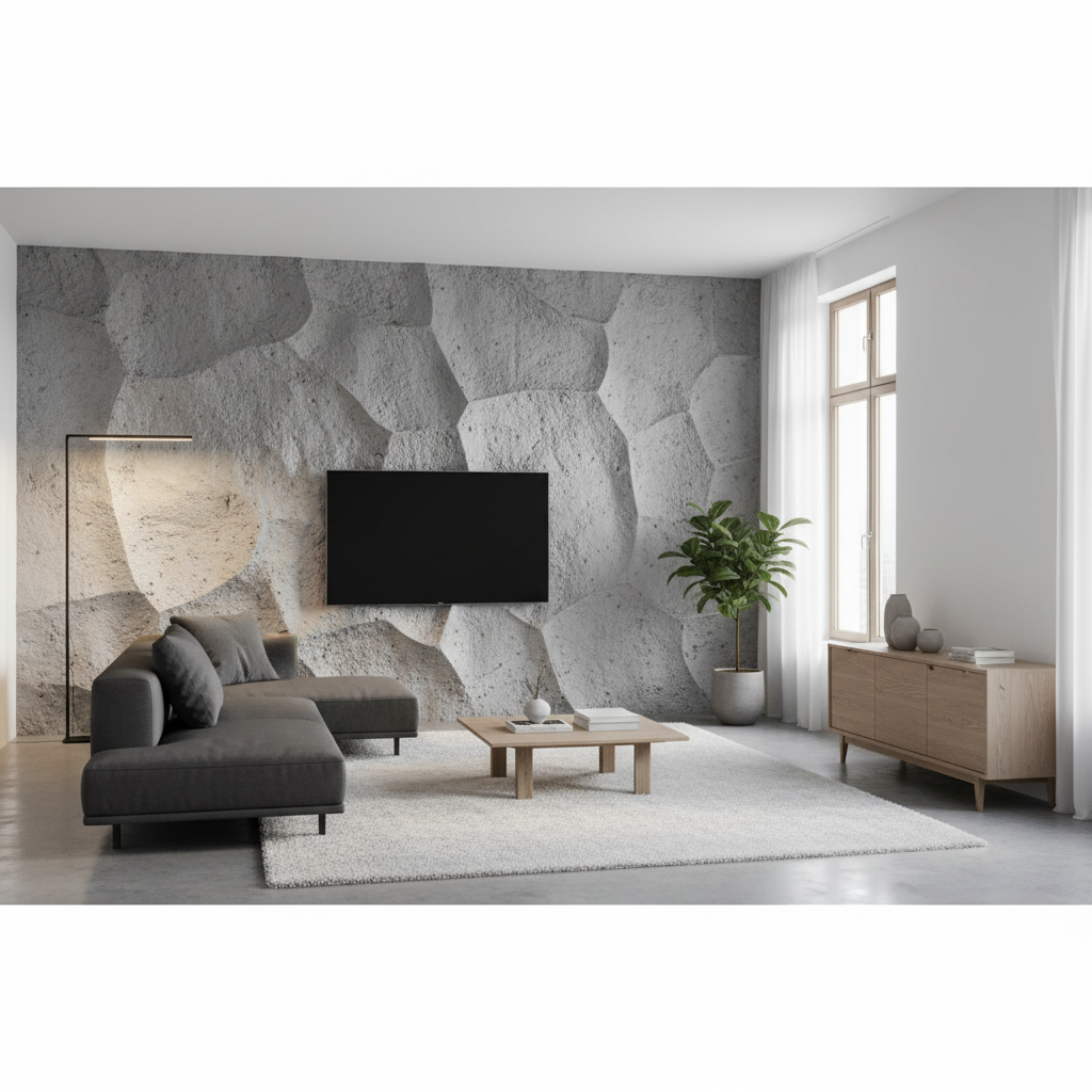 Elegancki salon, w którym jedna ściana (np. za telewizorem lub sofą) jest w całości pokryta tynkiem strukturalnym imitującym surowy beton. Światło z nowoczesnej lampy podłogowej pada na ścianę, podkreślając jej głęboką, trójwymiarową fakturę. Wnętrze jest minimalistyczne, z dominacją szarości, bieli i naturalnego drewna.