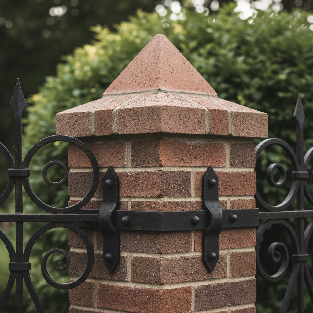 Zbliżenie na narożnik ogrodzenia, gdzie widać detal połączenia słupka klinkierowego z przęsłem z kutego metalu. Słupek jest zwieńczony eleganckim, dopasowanym kolorystycznie daszkiem klinkierowym. W tle rozmyte zielone rośliny.