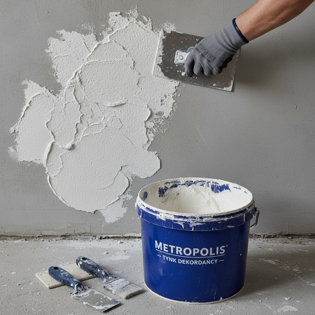 Zbliżenie na dłoń w roboczej rękawicy, trzymającą metalową pacę, którą nakłada na ścianę gęstą masę tynku dekoracyjnego. Obok na podłodze stoi otwarte wiadro z tynkiem (np. marki Metropolis) i kilka innych narzędzi, sugerując proces pracy w toku.