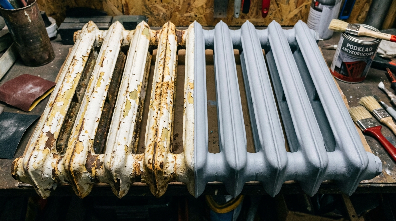 Stary, żeliwny grzejnik w trakcie renowacji. Połowa grzejnika jest jeszcze pokryta starą, łuszczącą się farbą, a druga połowa jest już oczyszczona i zagruntowana, gotowa do malowania. W tle widać narzędzia: papier ścierny, pędzle i puszkę farby podkładowej.