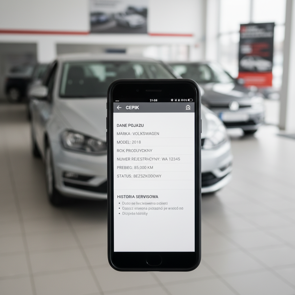 Zbliżenie na ekran smartfona z widocznym raportem z CEPiK, w tle rozmyty samochód w komisie.
