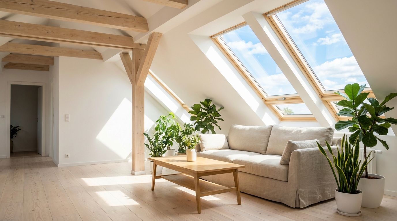 Jasne i przestronne poddasze z dużymi oknami dachowymi, przez które wpada mnóstwo naturalnego światła. Wnętrze jest urządzone w stylu skandynawskim, z białymi ścianami i jasnym drewnem. Przez okna widać błękitne niebo z kilkoma chmurami. W pomieszczeniu znajduje się wygodna sofa, stolik kawowy i kilka roślin doniczkowych.