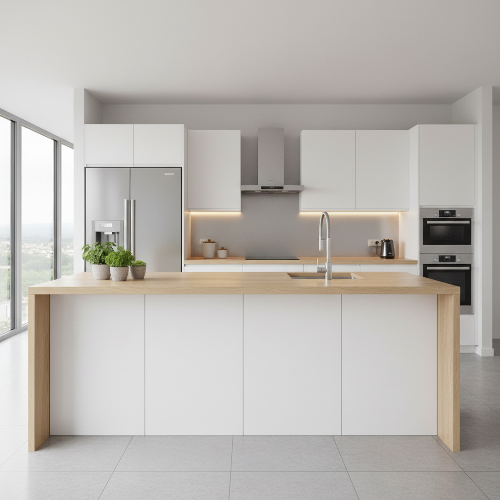 Nowoczesna kuchnia z dużym, jasnym blatem drewnianym, połączonym z białymi, minimalistycznymi szafkami. W tle widoczne są elementy ze stali nierdzewnej, tworzące harmonijną kompozycję.