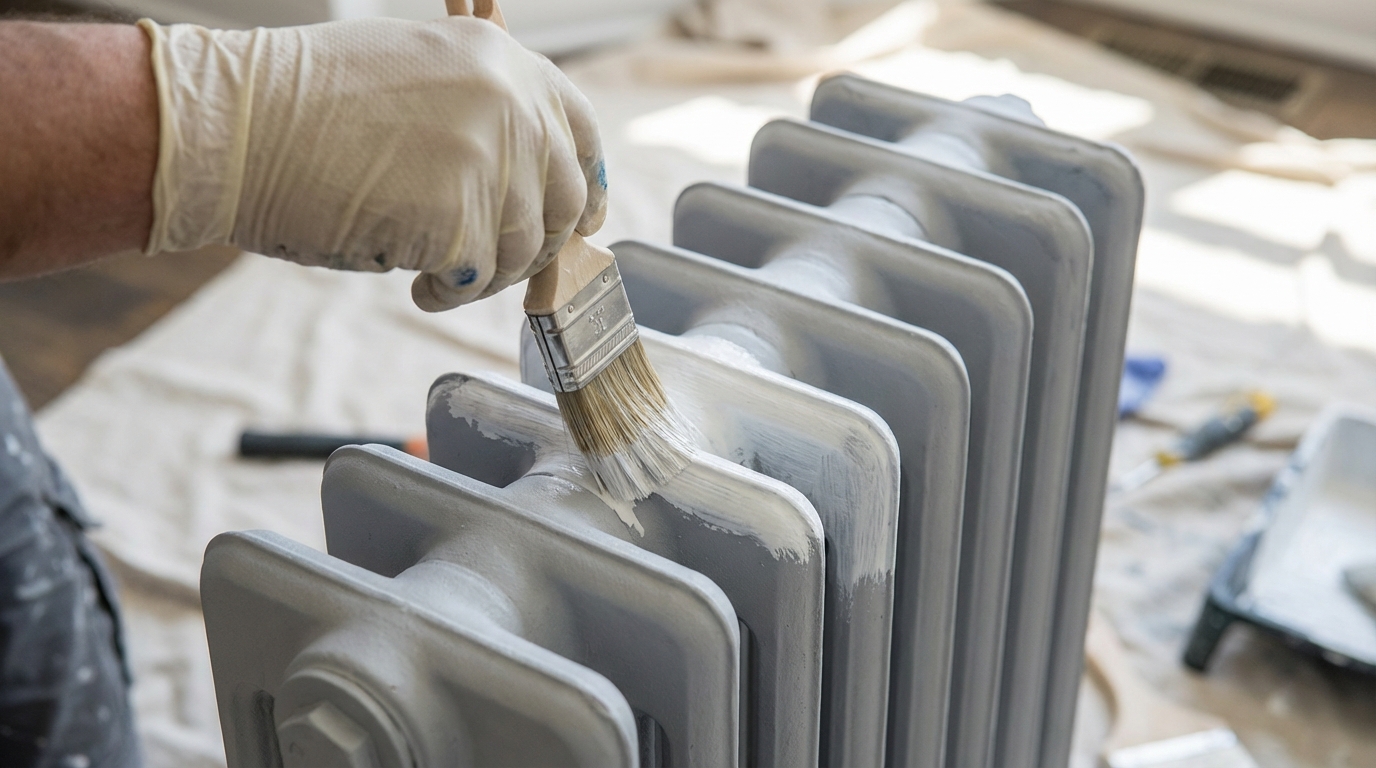 Dłoń w rękawiczce ochronnej, trzymająca pędzel i malująca białą farbą idealnie przygotowany (oczyszczony i zagruntowany) grzejnik żeliwny. Kadr powinien być zbliżeniem na detal, ukazującym precyzję pracy.