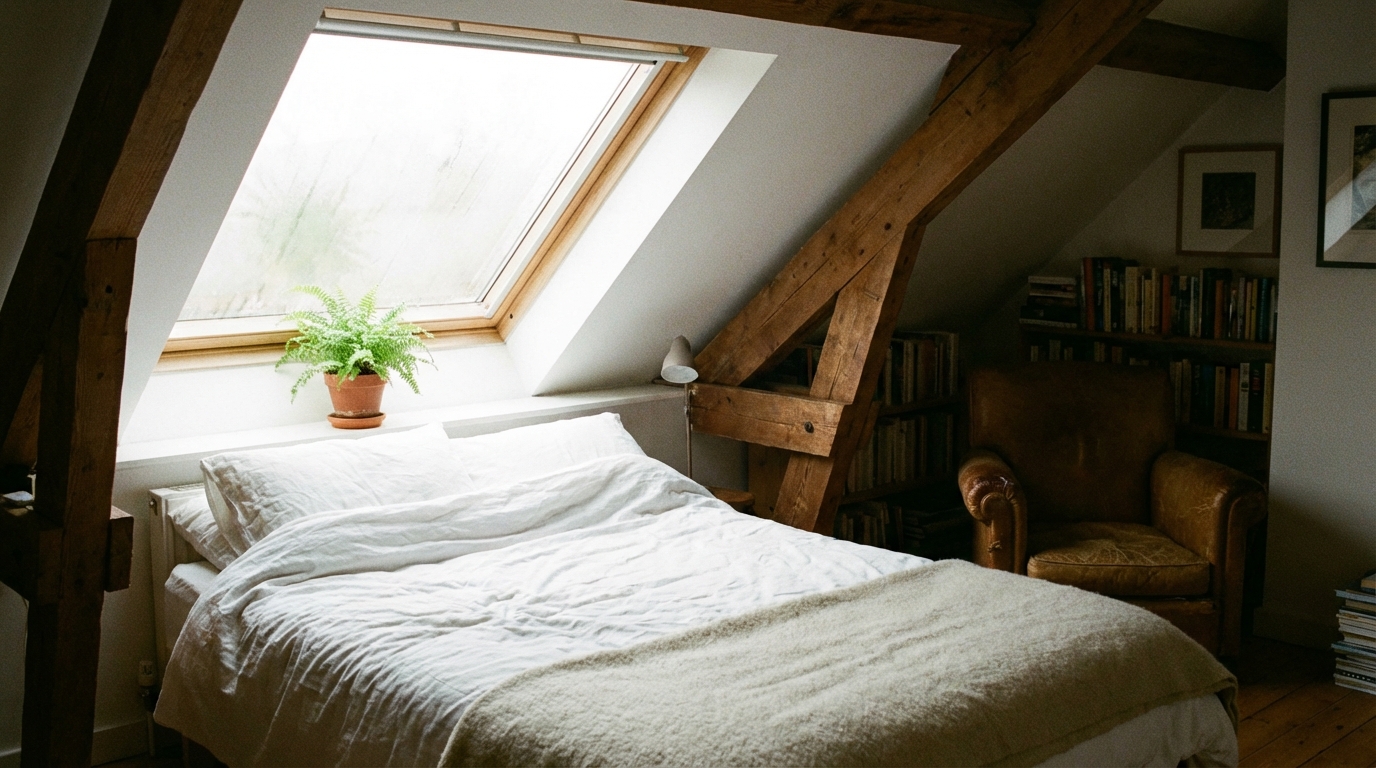 Przytulna sypialnia na poddaszu ze skośnym dachem. Przez duże okno dachowe wpada miękkie, poranne światło, oświetlając łóżko z białą pościelą. Na parapecie stoi mała roślinka w doniczce.