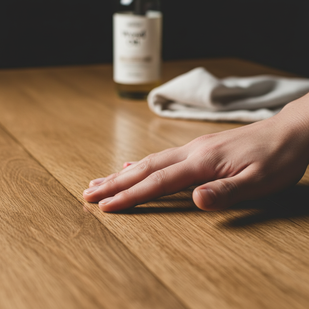 Zbliżenie na dłoń delikatnie przecierającą olejowany blat drewniany, podkreślające naturalną teksturę i ciepło drewna. W tle widać butelkę oleju do drewna i czystą szmatkę.