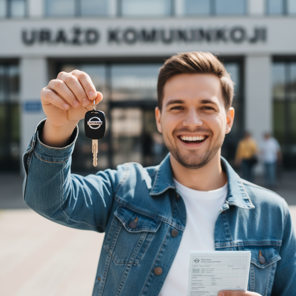 Osoba z uśmiechem trzymająca w ręku kluczyki do nowego (używanego) samochodu oraz dowód rejestracyjny, z rozmytym tłem przedstawiającym urząd komunikacji.