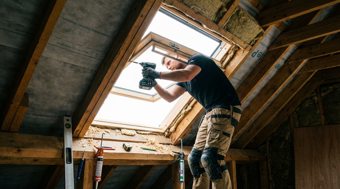 Zdjęcie z perspektywy wnętrza, ukazujące osobę montującą okno dachowe. Widoczne są elementy konstrukcji dachu oraz narzędzia. Scena jest dobrze oświetlona, co podkreśla precyzję i profesjonalizm pracy.