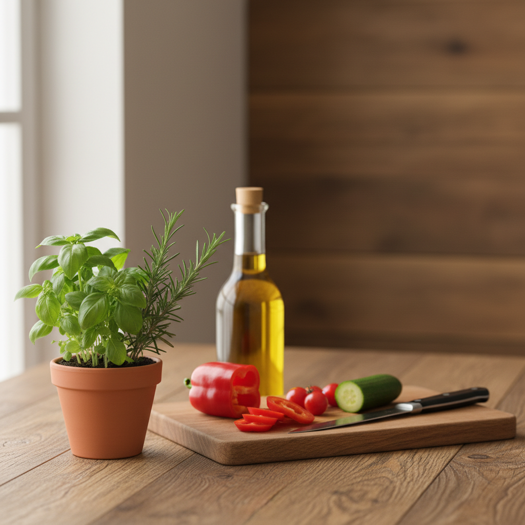 Estetyczna kompozycja na blacie kuchennym: świeże zioła w doniczce, deska do krojenia z warzywami, butelka oliwy z oliwek. W tle widać piękną, naturalną fakturę drewna.