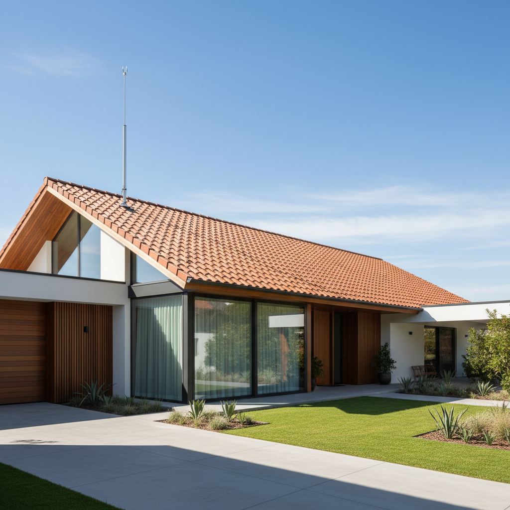 Nowoczesny dom z dachem pokrytym ceramiczną dachówką, na szczycie którego dyskretnie zamontowany jest jeden maszt piorunochronu aktywnego. Zdjęcie zrobione w słoneczny dzień, podkreślające estetykę i minimalizm rozwiązania.