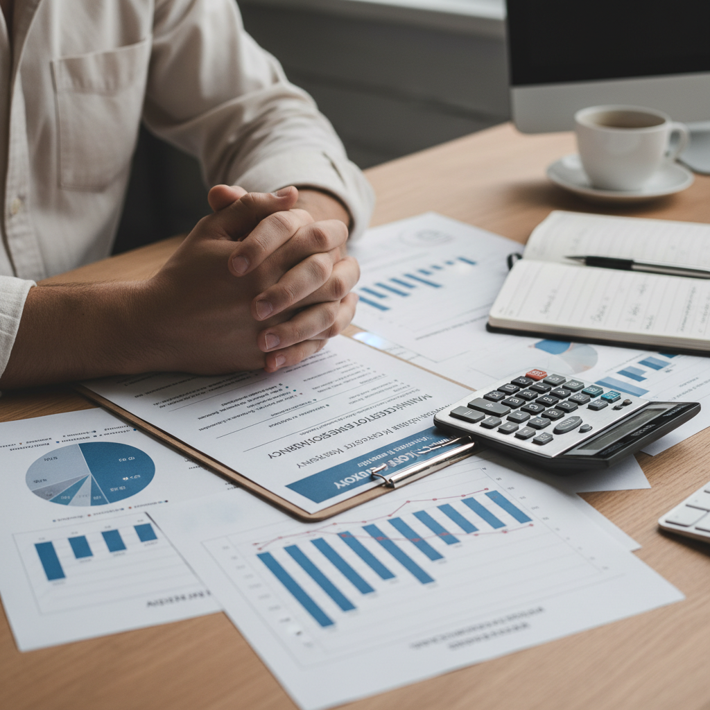 Zbliżenie na dłonie osoby analizującej dokumenty finansowe, wykresy i kalkulator na biurku. Obraz powinien sugerować proces starannego planowania finansowego i przygotowywania się do kredytu.