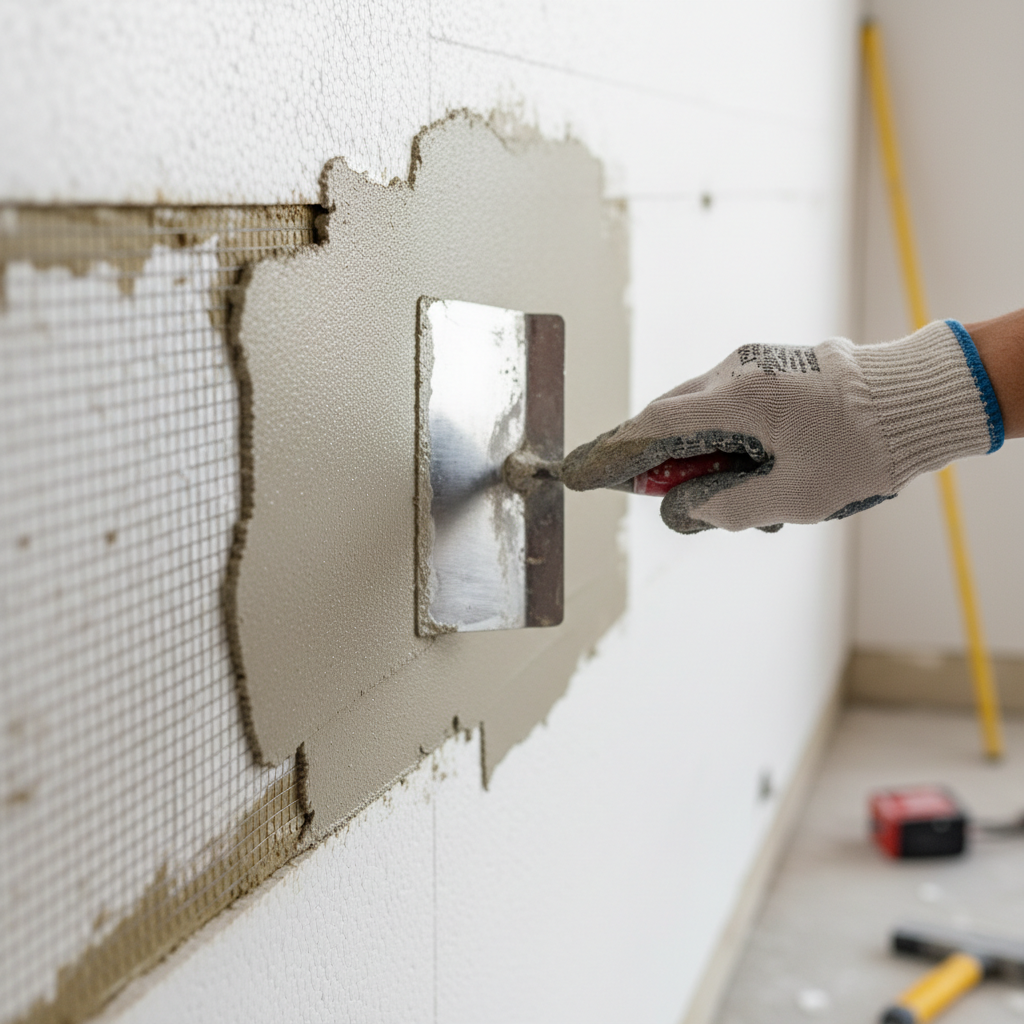 Zbliżenie na dłoń fachowca w rękawicy roboczej, który za pomocą pacy ze stali nierdzewnej nakłada i zaciera tynk akrylowy na ocieplonej styropianem ścianie. W tle widoczna siatka zbrojąca zatopiona w warstwie kleju, co pokazuje proces aplikacji krok po kroku.