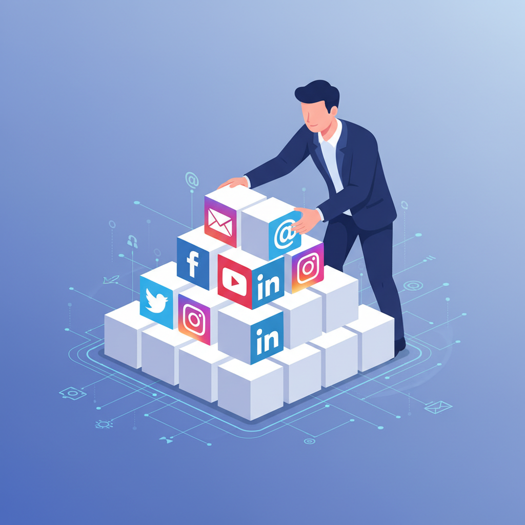 Ilustracja przedstawiająca osobę starannie układającą klocki z logotypami różnych platform społecznościowych i symbolami e-mail marketetingu, tworząc solidny fundament.