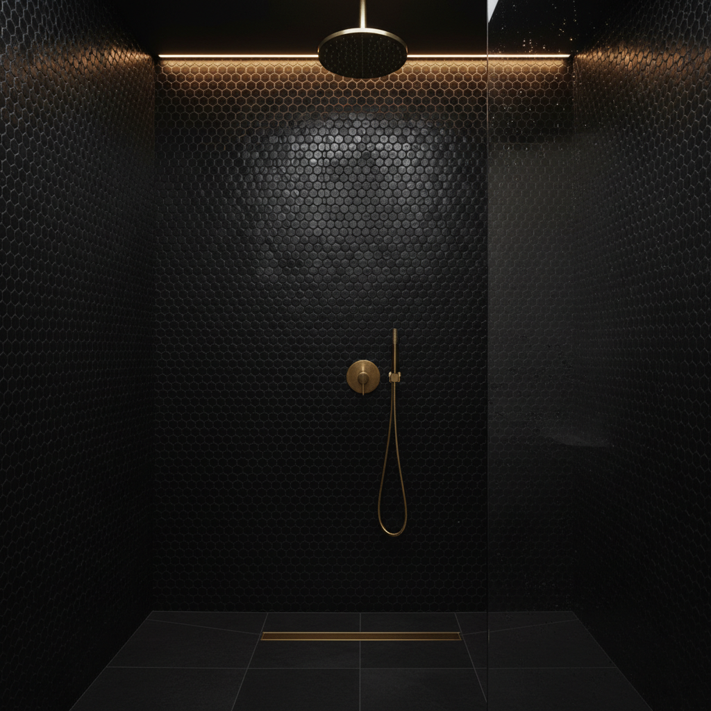 Zbliżenie na strefę prysznicową w czarnej łazience. Ściana wyłożona jest drobną, heksagonalną mozaiką w kolorze głębokiej czerni, która pięknie odbija światło. Złota deszczownica i bateria prysznicowa kontrastują z ciemnym tłem, dodając wnętrzu luksusowego charakteru.
