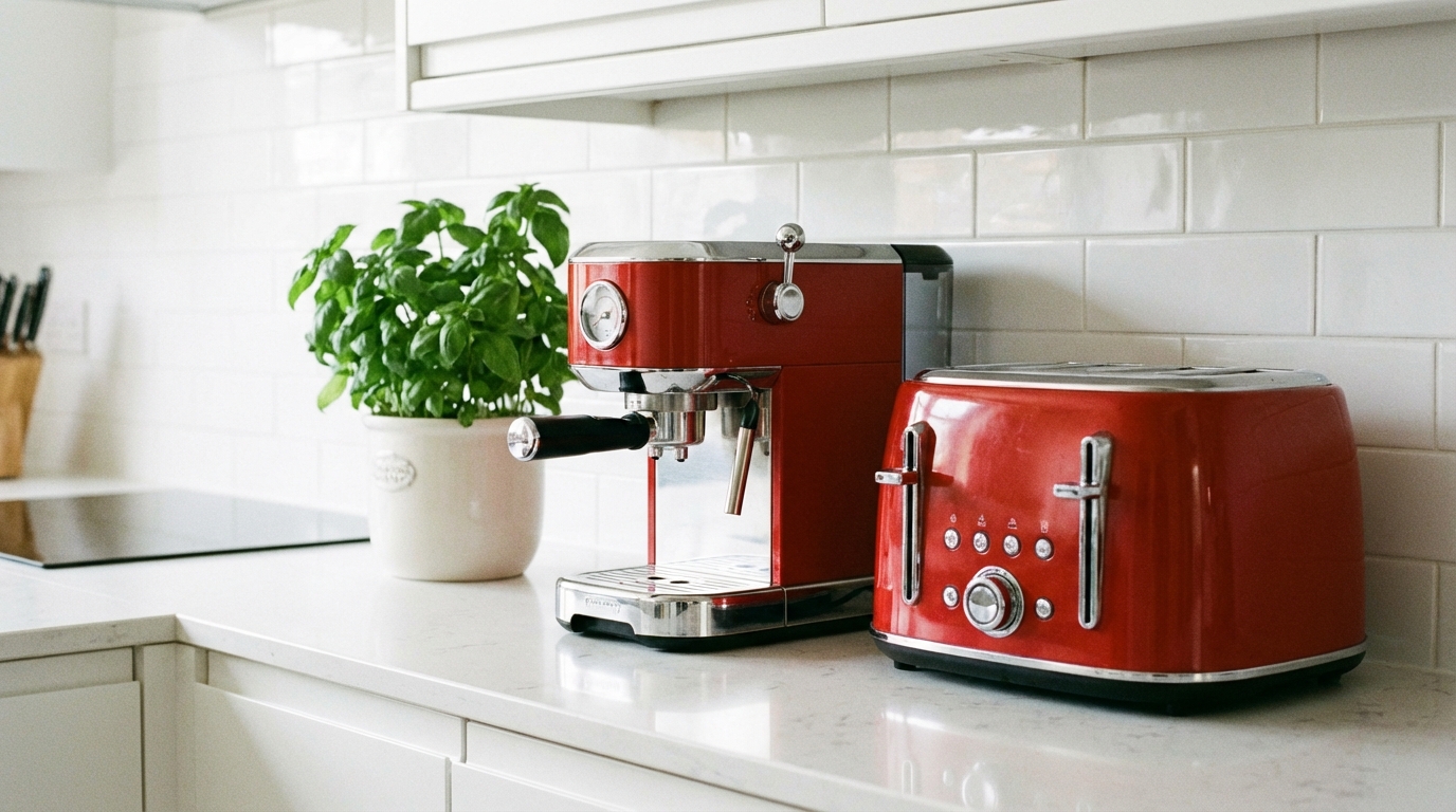 Zbliżenie na fragment nowoczesnej, białej kuchni. Na blacie stoi stylowy, czerwony ekspres do kawy i czerwony toster. W tle widać białe, błyszczące płytki typu "metro" oraz doniczkę ze świeżą bazylią. Ujęcie jest jasne i skupia się na detalach.