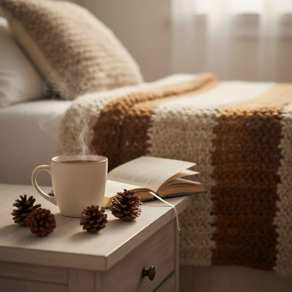 Zbliżenie na fragment sypialni. Na drewnianym stoliku nocnym stoi ceramiczny kubek z parującą herbatą, obok leży otwarta książka i kilka szyszek. W tle widać fragment łóżka z miękkim, wełnianym kocem w odcieniach beżu i brązu.