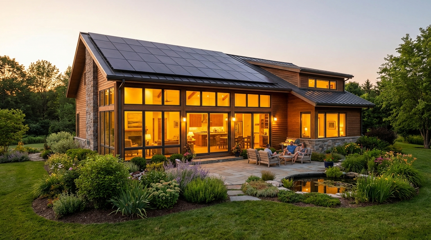 Nowoczesny, energooszczędny dom jednorodzinny z dużymi przeszkleniami od strony południowej i panelami fotowoltaicznymi na dachu, otoczony zadbanym ogrodem. Dom powinien wyglądać na ciepły i przytulny, symbolizując komfort mieszkania.