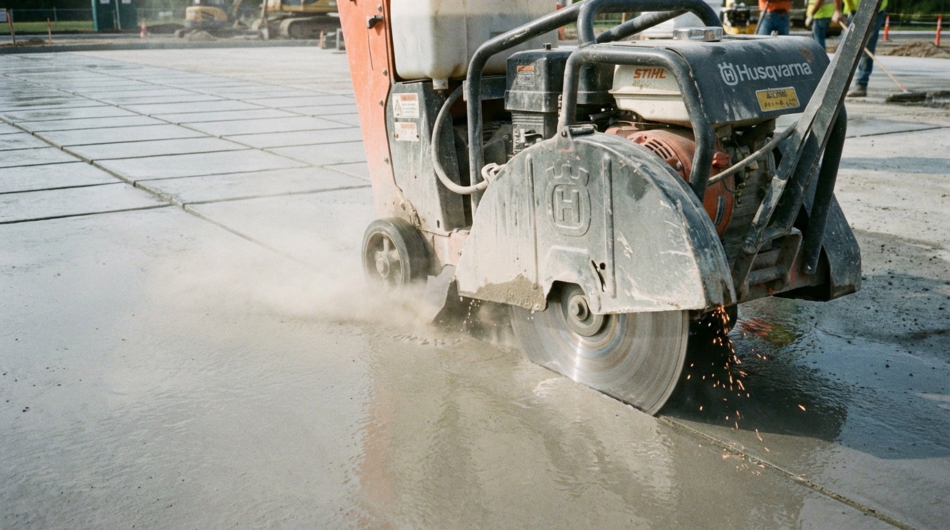 Zbliżenie na profesjonalną piłę do betonu, która właśnie nacina prostą, czystą linię dylatacyjną w świeżej, gładkiej posadzce betonowej. W tle widać regularną siatkę już wykonanych nacięć, co ilustruje precyzję pracy.