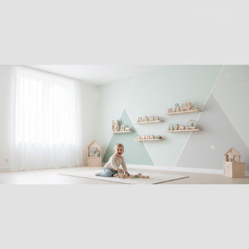 Zdjęcie uśmiechniętego dziecka bawiącego się na podłodze w pokoju pomalowanym na pastelowe kolory. Wnętrze jest jasne, przestronne, a na ścianie widoczne są delikatne, geometryczne wzory w odcieniach mięty i szarości. Drewniane zabawki są starannie ułożone na półkach.
